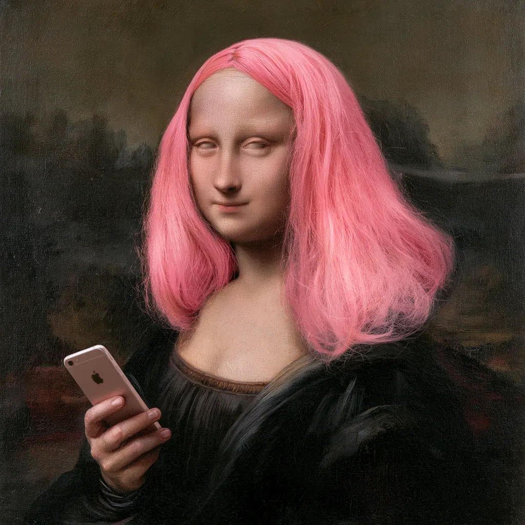 The Mona Lisa, pink-haired, holding a phone, and watching you.