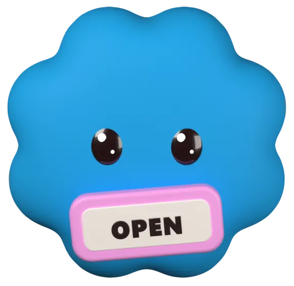 The Kalst mascot, holding an OPEN sign